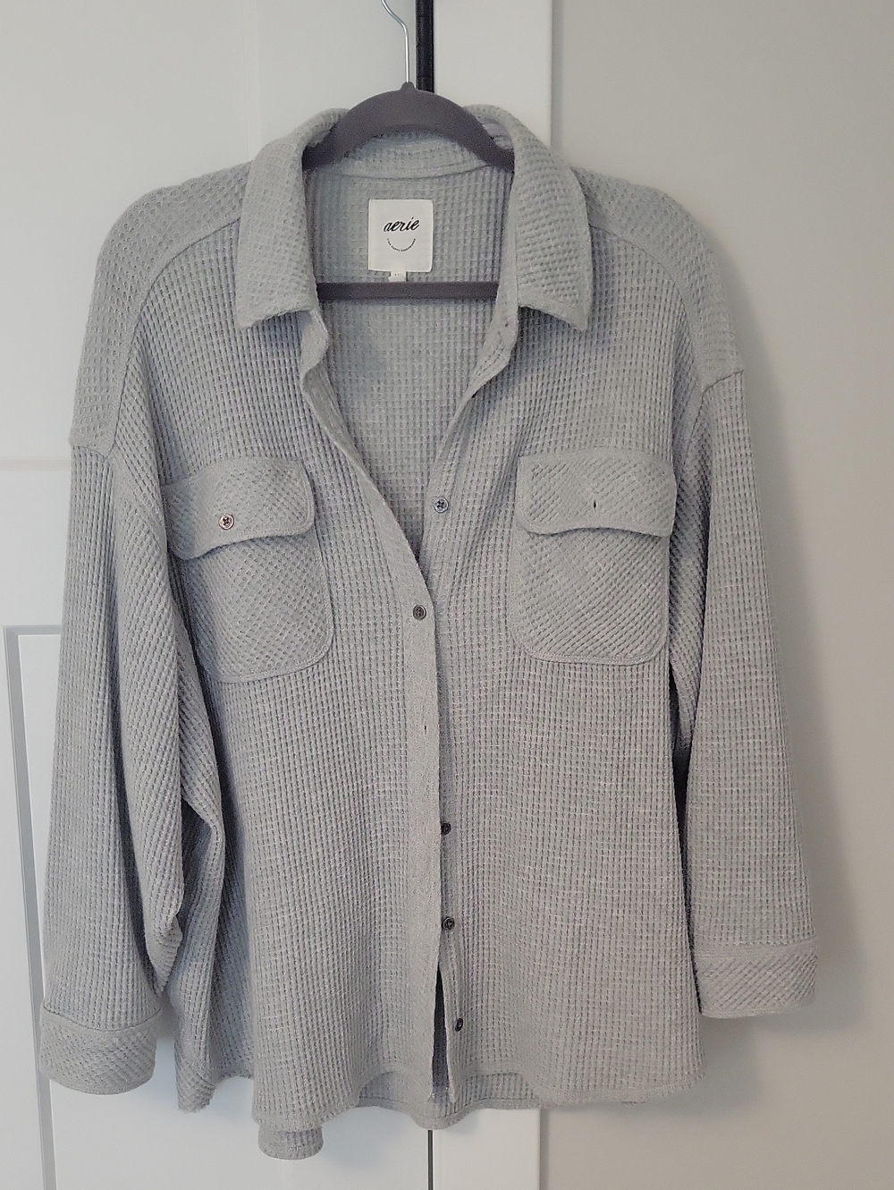 Aerie Light Gray Waffle-Knit Oversized Button Shirt